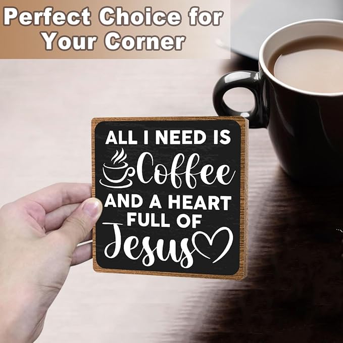 Toerifer Coffee Lover Gifts, Table Sign, Christian Decor, Rustic Wooden, 5x5 Inches