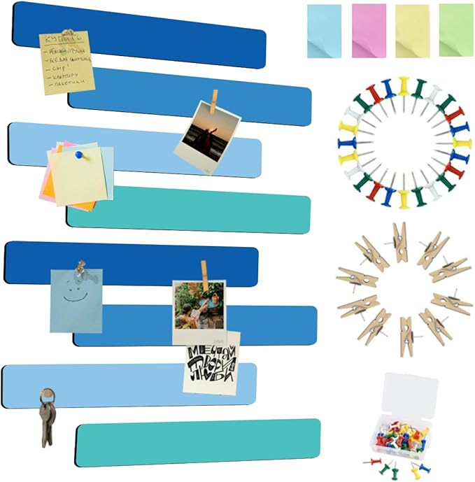 Vuzvuv 8 pcs Bulletin Board Bar Strips with 50 Pushpins & 10 Wooden Clip pins，Self Adhesive Cork Board for Wall，Felt Pin Board for School，Office Decor(Sea Blue)