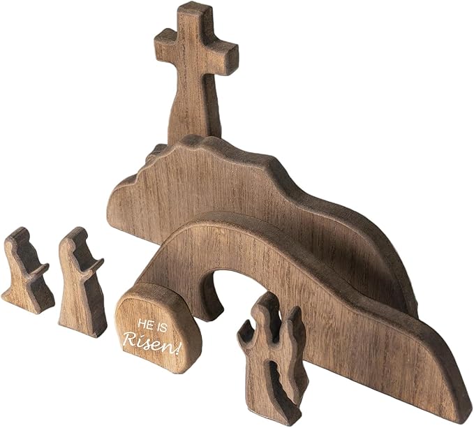 【He is Risen】Wooden Easter Resurrection Scene Cross Jesus Tomb Tray Set, Empty Tomb Easter Scene and Cross Decoration,Jesus Nativity Scene Decor for Religious Home Office Tabletop Christian Gifts (7)