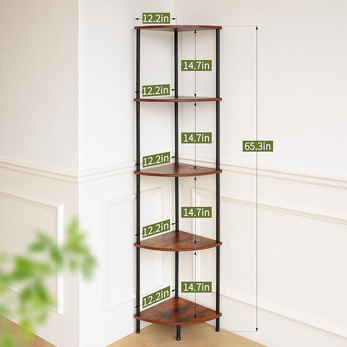 Yoobure Corner Shelf Stand, 5-Tier Bookshelf, 65" Tall Shelves for Bedroom, Living Room, Narrow Display Shelf Bookcase, Rustic Book Shelf with Display Shelves for Office