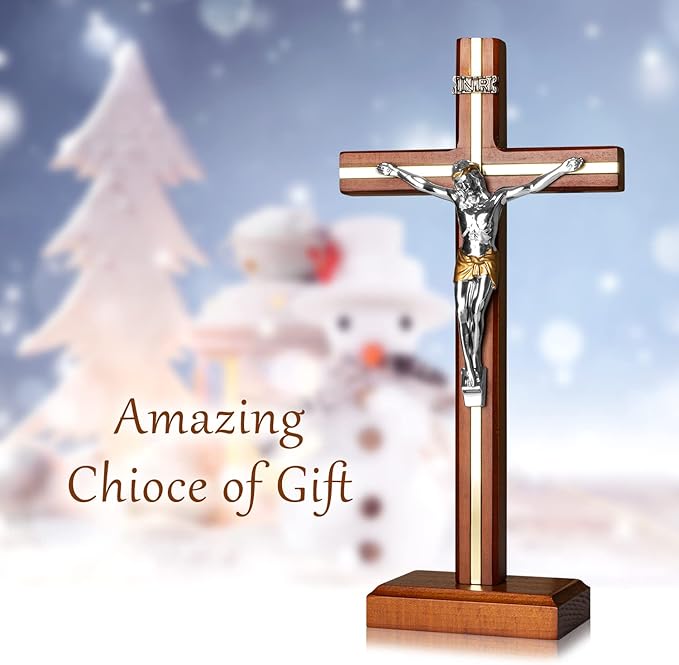 KUXBET Standing Crucifix Cross with Detachable Stand 10.6 Inch Catholic Wooden Jesus Christ Wall Hanging Cross for Home Decor - Antique Gold (10.6" L x 5.2" W)