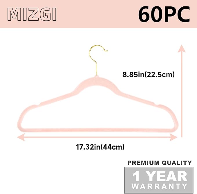 MIZGI Premium Velvet Hangers Pack 60 Pcs Heavyduty - Non Slip Slimline - Velvet Suit Hangers Blush Pink - Gold Hooks,Space Saving Clothes Hangers
