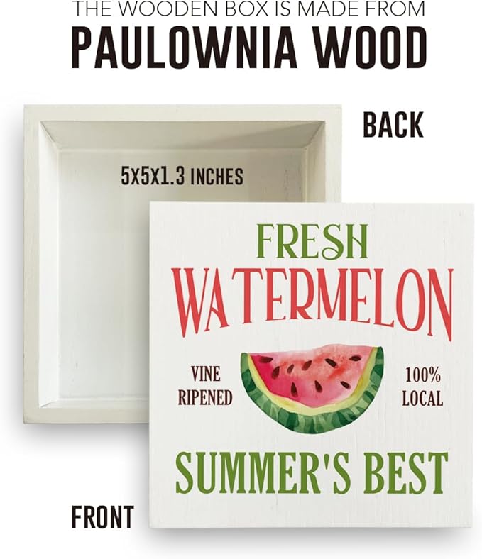 Farmhouse Summer Watermelon Wooden Box Sign Rustic Country Watermelons Box Sign Wood Sign Decor Summer Square Wood Sign Home Kitchen Desk Tabletop Shelf Decor 5 x 5