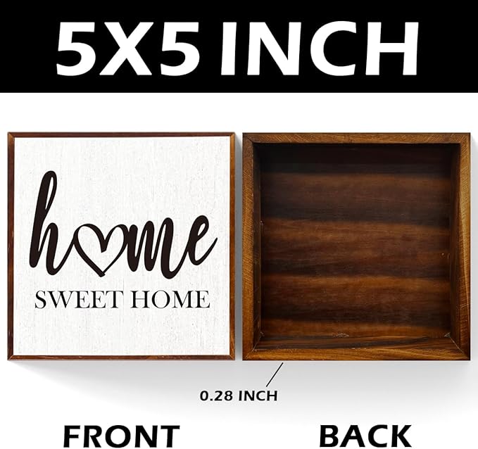 Home Sweet Home Sign Wooden Box Decorative,Home Sweet Home Decor Wood Box Sign，Rustic Farmhouse Square Decor Sign for Tabletop Home Living Room Decor 5 x 5 Inches （white）