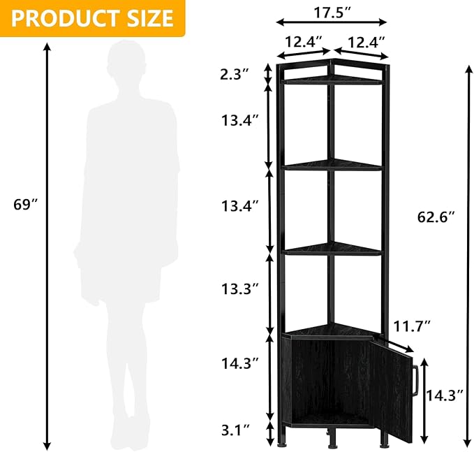 Furnulem Corner Shelf,5-Tier Corner Cabinet with Storage and LED Light, 62.8” Standing Display Bookshelf for Bedroom, Living Room, Kitchen, Wood Display Shelf (Black Oak) | with Storage