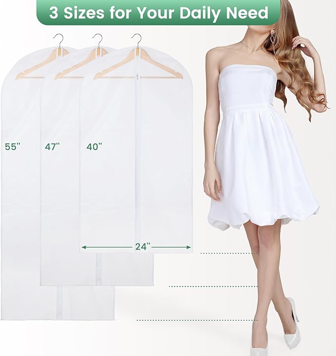 Translucent Garment Bags for Hanging Clothes - Frosted Clothes Storage Bags for Suits, Dresses, Closet Storage - 10 Pack
