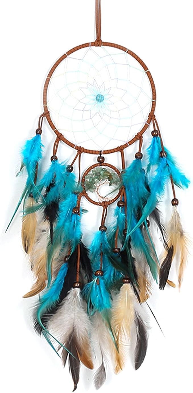 Feather Dream Catcher, Blue Tree of Life with Feathers Dreamcatcher Bead Wall Hanging Decor Indians Traditional Circular Net Hanging Art Ornament for Home Bedroom Decor(Blue)
