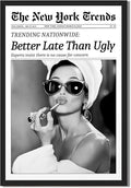 Framed Better Late Than Ugly Wall Decor Vintage Newspaper Wall Art Black and White Fashion Poster Audrey Hepburn Chic Decor New York Trends Glam Quote Canvas Print for Bedroom Bathroom Dorm 12x16inch