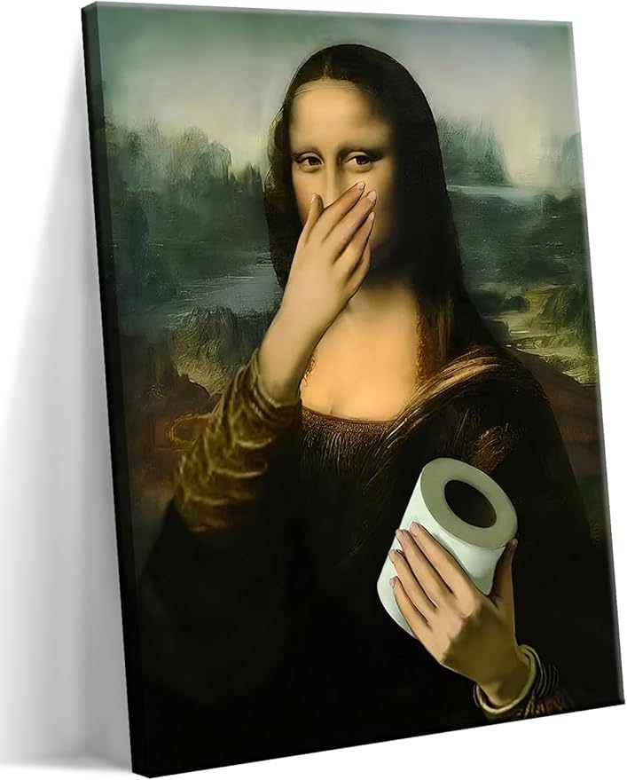 Funny Mona Lisa Canvas Wall Art for Bathroom Decor, Vintage Humor Amusing Toilet Art, Mona Lisa Classical Painting Picture, Whimsical Poster Print Bathroom Wall Decor for Home Decoration 12x16 inch