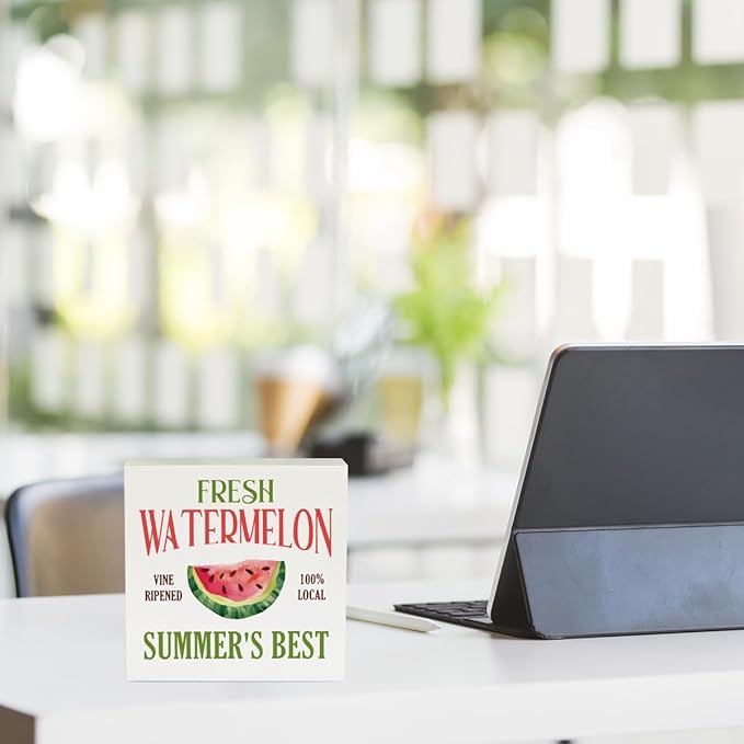 Farmhouse Summer Watermelon Wooden Box Sign Rustic Country Watermelons Box Sign Wood Sign Decor Summer Square Wood Sign Home Kitchen Desk Tabletop Shelf Decor 5 x 5