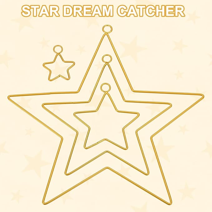 MECCANIXITY 4 Pcs Star Dream Catcher Rings, 2" Dream Catcher Metal Hoops Macrame Wreath Rings Pentagram Floral Hoops for DIY Craft Making Home Wedding Wall Hanging Decoration, Gold