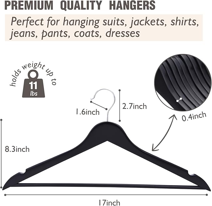 ELONG HOME Solid Wooden Hangers 20 Pack, Wood Suit Hangers with Extra Smooth Finish, Precisely Cut Notches and Chrome Swivel Hook, Wooden Clothes Hangers for Shirt Coat Jacket Dress, Black