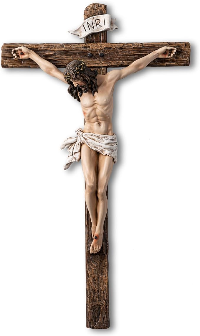 DevotedWalls Realistic Wall Crucifix,Lifelike Jesus Crucifixion Statue,12"H Resin Detailed Wood-looking Cross with Corpus,Hand Painted Jesue INRI Wall Cross for House,Catholic Gift Home Decor (Full Color）