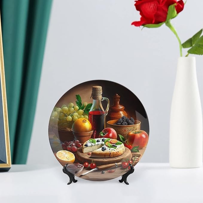 Decorative Plates for Wall Hanging, Wine, Fruit & Pizza Foods Painting Ceramic Plate, Wobble-Plate with Display Stand, Home Decor for Kitchen Cabinets, Farmhouse Round Tray 6 Inch