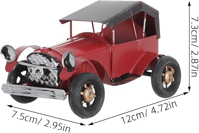 Vintage Metal Classic Car Model, Retro Automobile Figurine, Red Antique Vehicle Ornaments Rustic Decor for Office Shelf Display