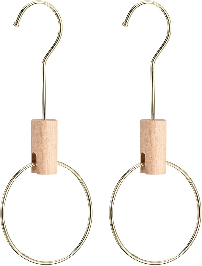 uxcell 2Pcs 4 Inch Scarf Ring Hanger Scarf Organizer Holder Wood Circle Closet Storage Hanging Hook for Belt Tie Scarf, 15cm Length Hook (Gold)