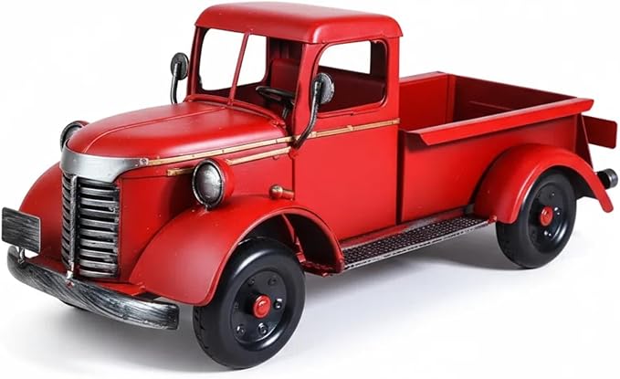 Vintage Red Metal Truck Decoration - 13 Inch Christmas Farmhouse Centerpiece, Rustic Holiday Table Decor for Home Office Mantel, Antique Pickup Collectible