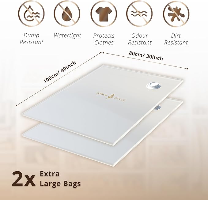 GENIE SPACE Premium Extra Large (XL) Vacuum Storage Bags – 40x30 in, Airtight, Reusable and Odor-Proof Space Saver Bags for Clothes, Bedding and Wardrobes, 2-Pack
