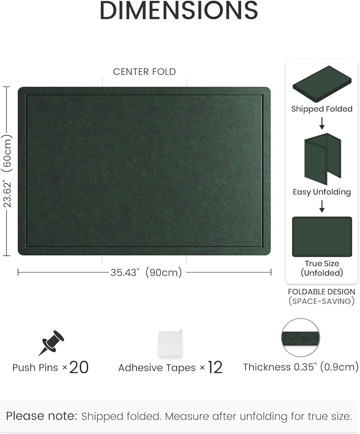 Fluxynara Bulletin Board,35.4" x 23.6" Cork Board Alternative with 12 Safe Removable Adhesive Tabs, Foldable Felt Pin Board for Home Office, Classroom, Bedroom,Entryway for Walls—Pine Green