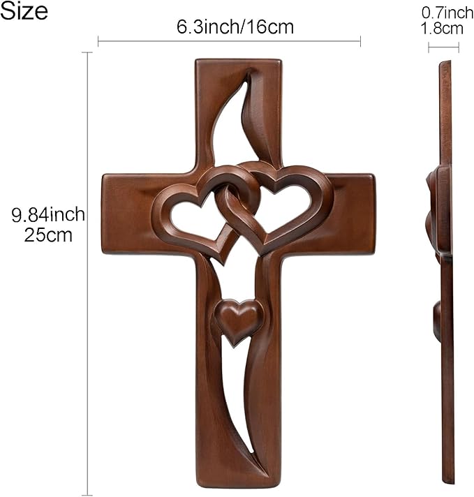 Hand-Carved Intertwined Hearts 9.84 inches Wooden Wall Cross for Wall Sacred, Mothers Day Gifts for Mom ,Handmade Hanging Cross Heart-Shaped Decoration Marriage Wedding Valentine Wood Decorative Gift