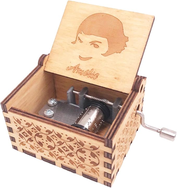 Amelie Music Box Hand Crank Musical Box Carved Wooden,Play The Theme Song of Amelie,Brown