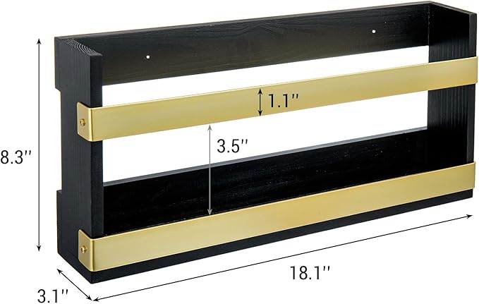 MyGift Black Solid Wood and Brass Metal Magazine Display Rack, Wall Mountable Double Wide Book Holder or Standing Organizer