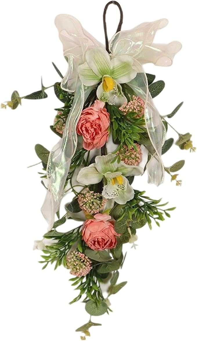 Artificial Floral Teardrop Swag Front Door Swag Romantic with Hanging Loop Spring Wreath for Cafe Anniversary Office Wedding
