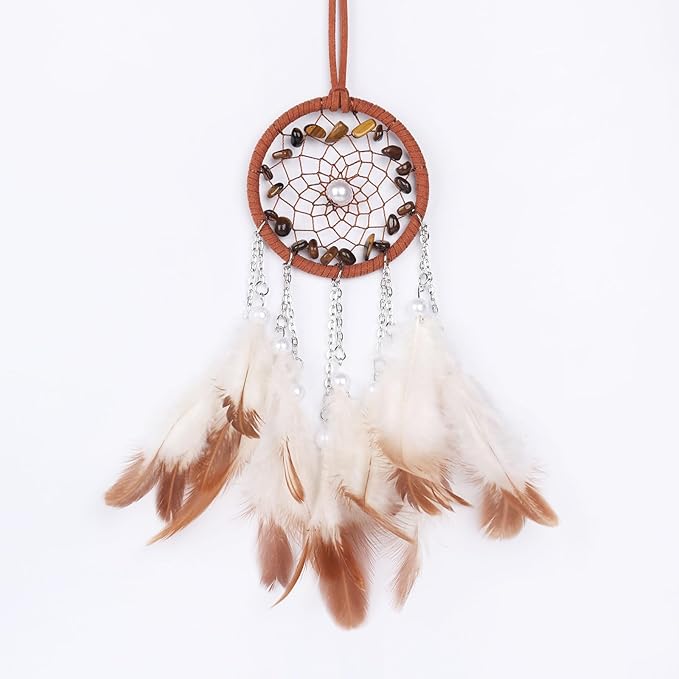 Pretty Jolly Crystal Stone Small Dream Catchers Brown Feathers Mini Dreamcatchers with Beads for Cars Rear View Mirror Hanging Decoration Good Luck Travel Charm Bedroom Ornaments for Women Girls