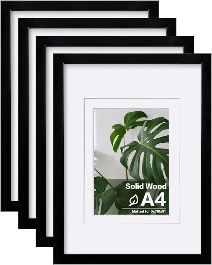 Egofine A4 Picture Frames Set of 4, Made of Solid Wood Covered by Plexiglass 5x7 and 6x8 with Mat or A4 whitout Mat, for Table Top Display and Wall Mounting Photo Frame Black