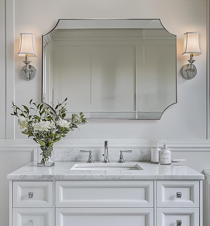 ANDY STAR Brushed Nickel Mirror 30x40 Inch, Scalloped Bathroom Mirror, Silver Bathroom Mirror in Anti-Rust Stainless Steel Metal Thin Frame Deep 1’’, Large Wall-Mounted Mirror (Horizontal/Vertical)