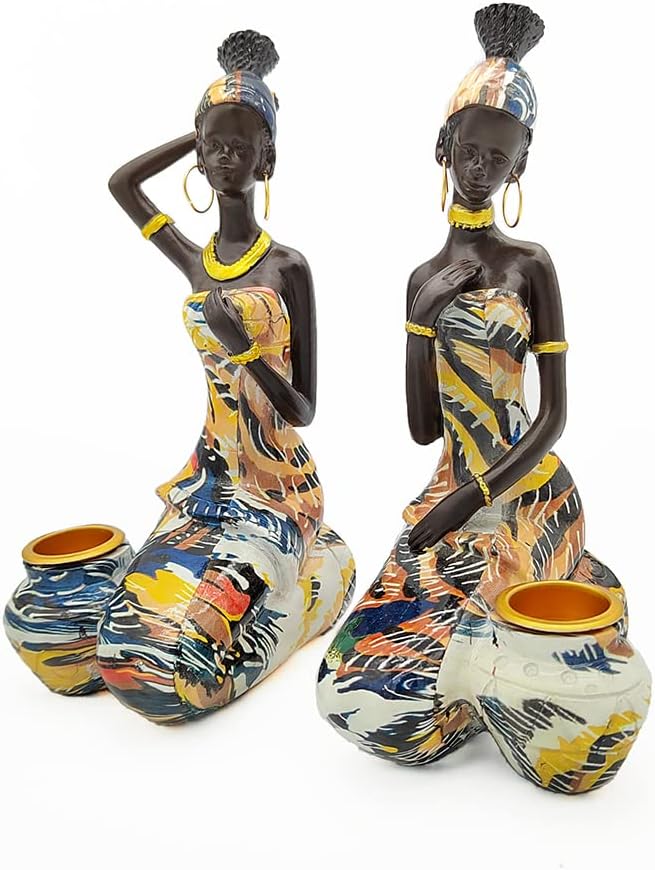 African Statues Art Sculptures Women Figure Girls Tribal Lady Figurine Black Women Home Decor Collectible Creative Vintage Gift Crafts (Yellow Dress)