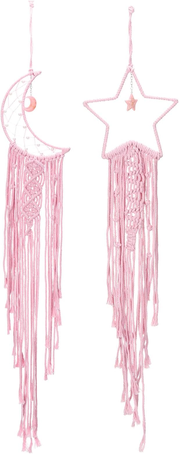 PATIKIL Moon Star Dream Catcher Decor, 39" Boho Dream Catcher Macrame Woven Wall Hanging for Home Decor Bedroom Accessories Cafes Wedding Decoration, Pink