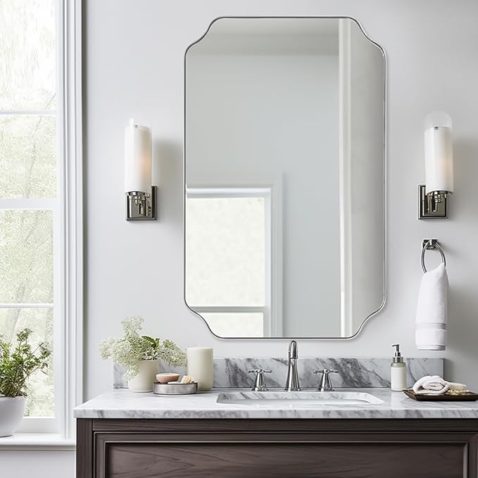 ANDY STAR Chrome Bathroom Mirror, 24x36 Inch Polished Chrome Rectangle Mirror, Scalloped Bathroom Mirror with Stainless Steel Metal Frame, Thin Frame Deep 1’’