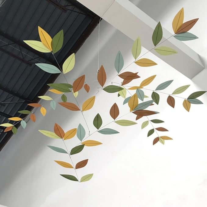 Light Green and Yellow Art Mobile Tree Leaf Mobiles, Plastic Ornament, Handmade Hanging Sculpture, 20 "W x 50 "H, Rustic Decor for Livingroom Garden Bedroom