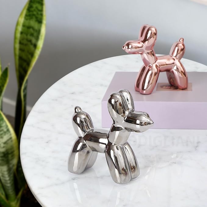 Notakia Silver Balloon Dog Ceramic Statue, Handmade Small Modern Animal Figurine, Cute Desktop Decoration for Living Room, Home Decor Accent