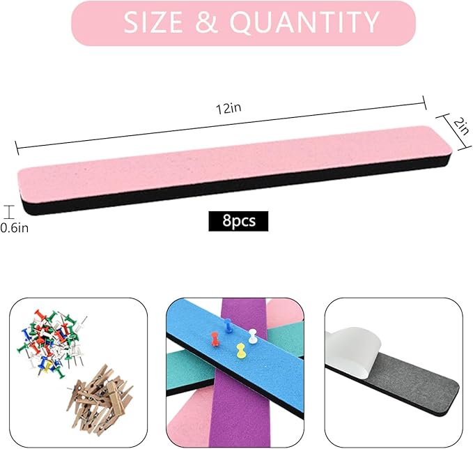 Vuzvuv 8 pcs Bulletin Board Bar Strips with 50 Pushpins & 10 Wooden Clip pins，Self Adhesive Cork Board for Wall，Felt Pin Board for School，Office Decor(Green Blue Pink Purple)