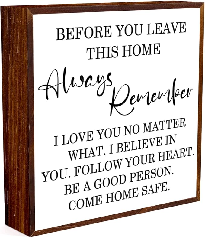 Inspirational Home Decor Signs Quote Wood Box Sign, Before You Leave This Home Wood Box Sign Square Desk Decor，Rustic Farmhouse Home Sign for Shelf Decor 5 x 5 Inches.（white）