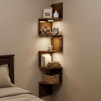 HAAYOT Corner Shelf Wall Mounted: 5-Tier Floating Shelves with Lights for Bedroom, Living Room, Home Office, Rustic Brown