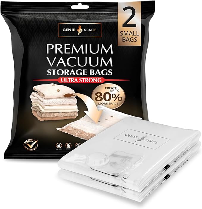 GENIE SPACE Premium Vacuum Storage Bags for Clothes, Bedding and Travel, Small Size 24x16 Inches, Airtight, Odor-Proof and Reusable Space Saver Bags with Double Zipper Seal, 2-Pack