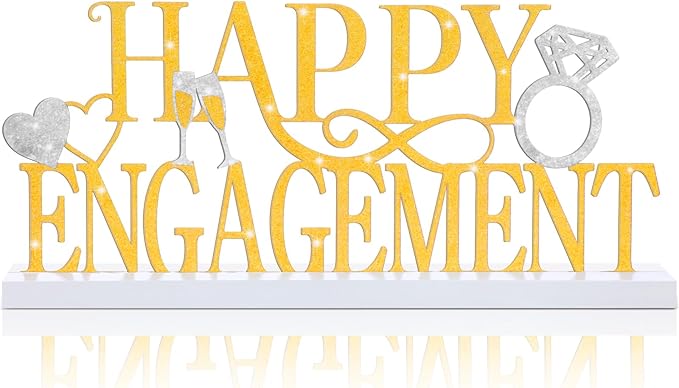 Teenyyou Happy Engagement Sign Gold Engagement Table Decor Metal Centerpiece with Wooden Base Home Desk Decor Tabletop Ornament Elegant Blessing Gift for Bride and Groom Wedding Shower Ceremony Party