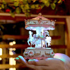 Carousel Music Box with 3 Rotating Horses, Color-Changing LED Lights, Wind-Up Clockwork 18-Note Melody, Small Resin Tabletop Decor, 5.9" Tall x 3.93" Dia (Pink)