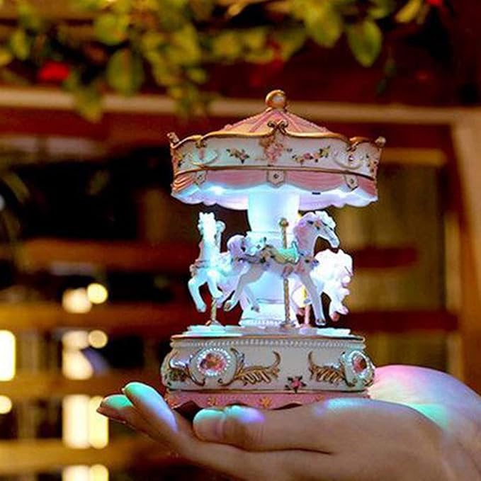 Carousel Music Box with 3 Rotating Horses, Color-Changing LED Lights, Wind-Up Clockwork 18-Note Melody, Small Resin Tabletop Decor, 5.9" Tall x 3.93" Dia (Pink)