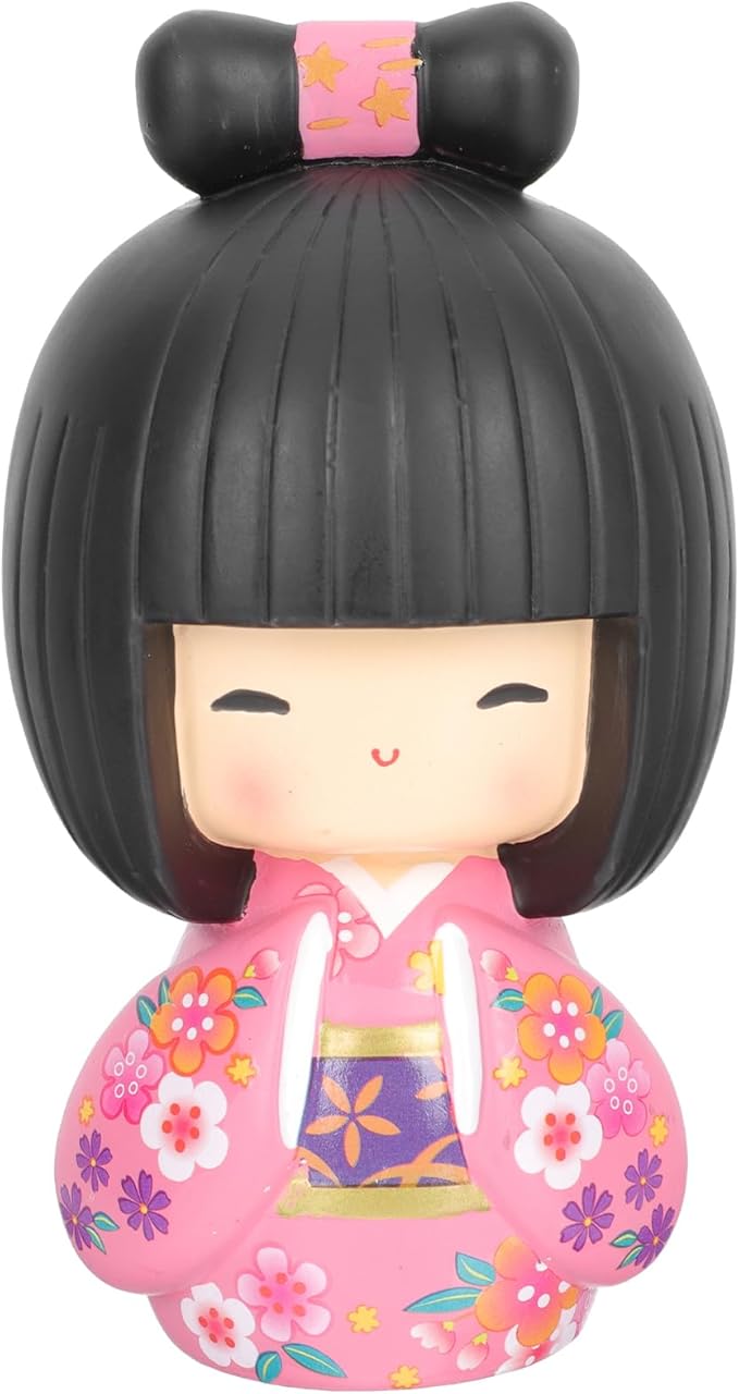 Japanese Kokeshi Doll Girl in Kimono Collectible Figurines Traditional Crafts Oriental Geisha Statue for Office Bar Home Party Table Decoration Pink