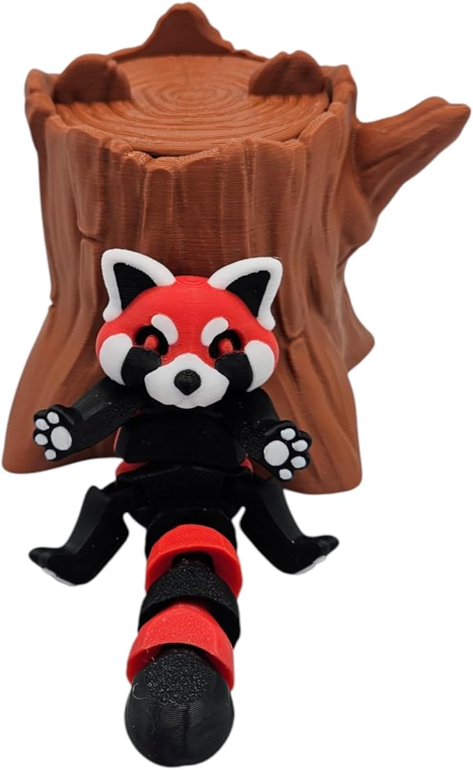 Articulating Animals Raccoon, Fox, Panda, Skunk, Possum with Containers - 3D Printed Articulated Joints ADHD, Autism, Relief Anxiety, Collectible Figurines (Red Panda Tree Stump)