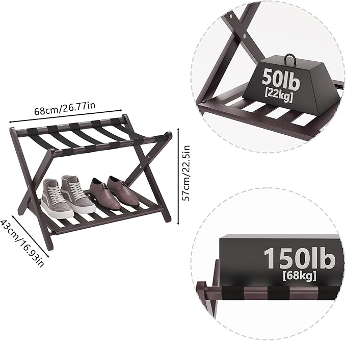 Smuxee Fully Assembled Brown Luggage Rack, Upgraded Bamboo Foldable Suitcase Stand with 5 Nylon Straps, Luggage Holder with Shelf for Guest Room Bedroom Hotel