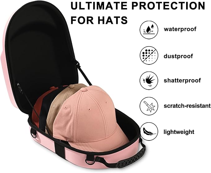 Pink hard hat box with handle and adjustable shoulder strap baseball cap storage box can effectively protect your hat and is suitable for travel and home storage