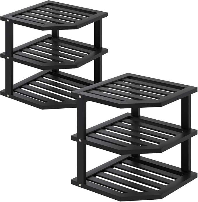 VERTORGAN 3 Tier Bamboo Corner Shelf(2 Pack),Dish Drying Rack,Plate Organizer,Kitchen Spice Rack for Countertop and Cabinet(Black)