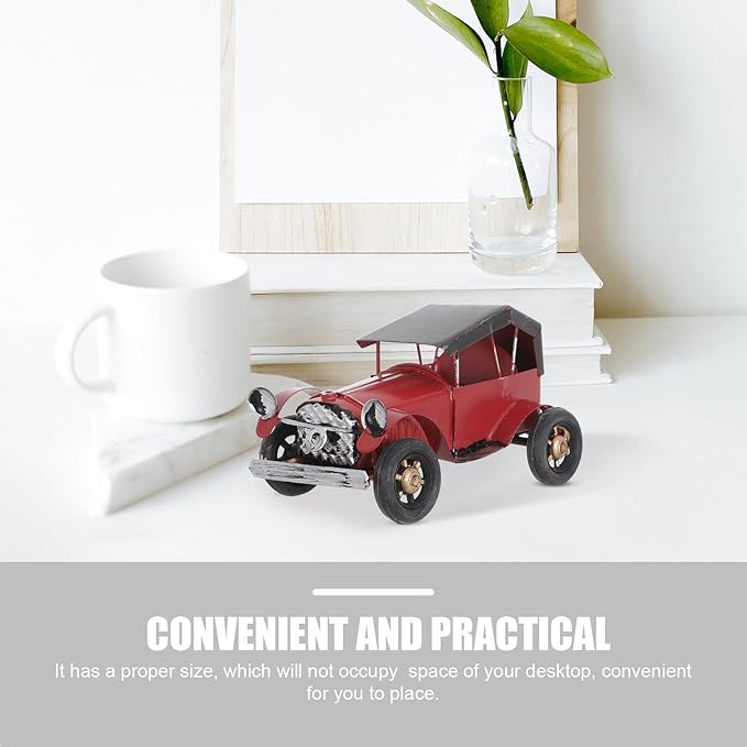 Vintage Metal Classic Car Model, Retro Automobile Figurine, Red Antique Vehicle Ornaments Rustic Decor for Office Shelf Display