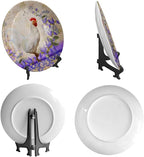 Rooster Decorative Plate Stand, 6 Inch, Purple Wreath Around The Rooster Round Display Plate, Table Top Plate Decor with Stand, Ceramic Craft for Wall Hanging Decorative