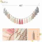 DrCor 16ft Pink & Grey Boho Tassel Garland – Handmade Yarn Bunting Banner for Nursery, Kids Room or Dorm, Baby Shower, Birthday Party Backdrop, or Cozy Home Decor